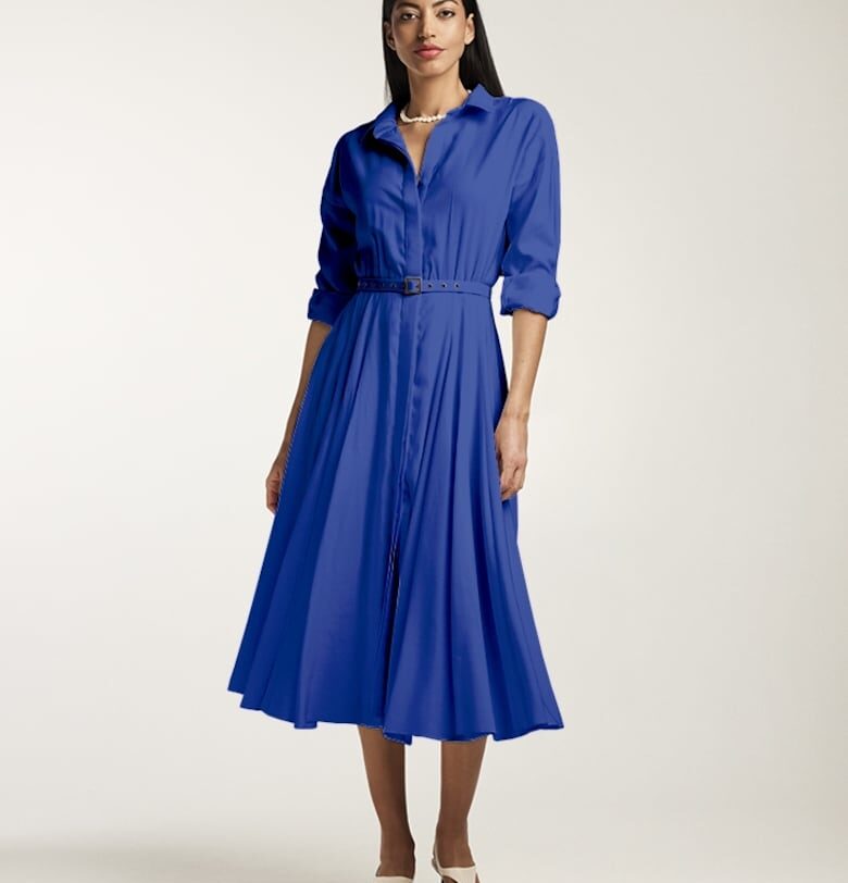 Плисирана рокля-риза с колан - Син Alina Cernatescu