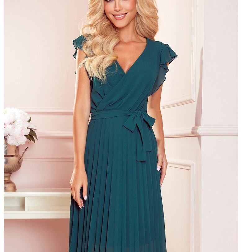 Плисирана рокля с волани на раменете -  Тюркоаз Numoco