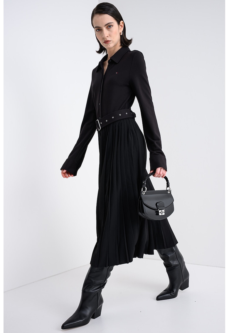 Плисирана рокля с дълги ръкави и колан - Черен Tommy Hilfiger