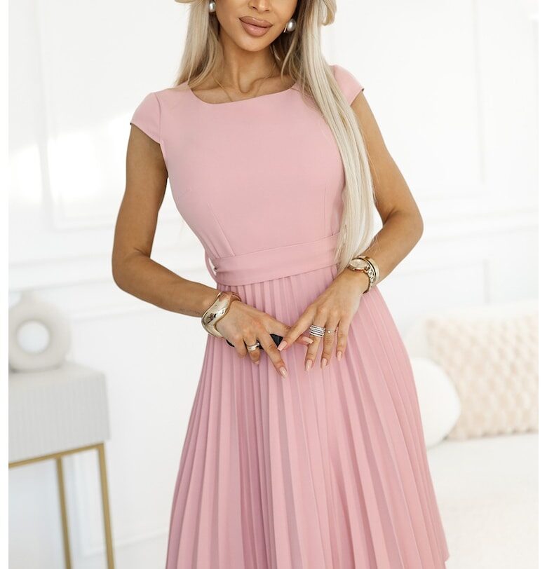Плисирана рокля с къс ръкав -  Розова пудра Numoco