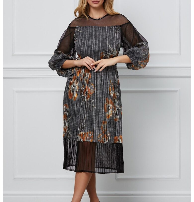 Плисирана рокля с полупрозрачни зони - Сив BAROCCA