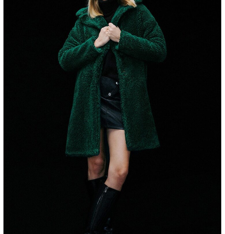 Плюшено палто с джобове встрани - Аква зелено OXXO