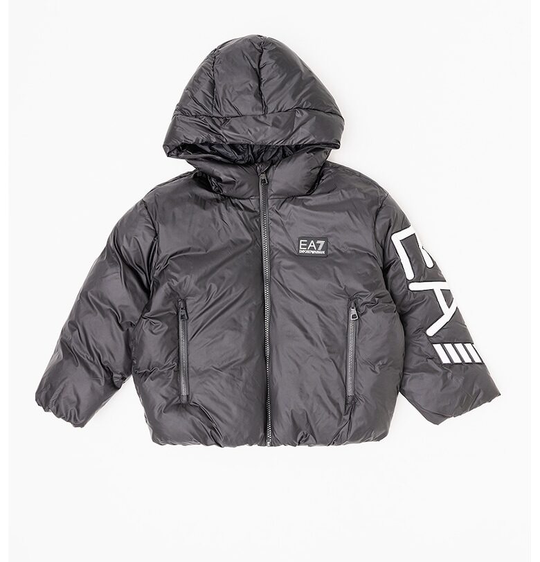 Подплатено зимно яке с лого и качулка - Бял/Черен EA7