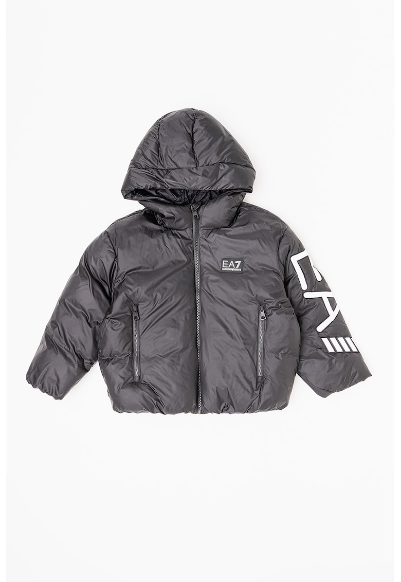 Подплатено зимно яке с лого и качулка - Бял/Черен EA7