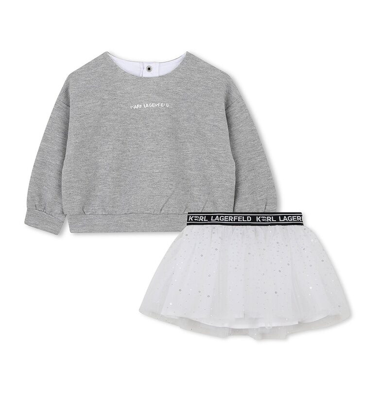 Пола от тюл и суитшърт с лого - Бял/Сив меланж KARL LAGERFELD KIDS