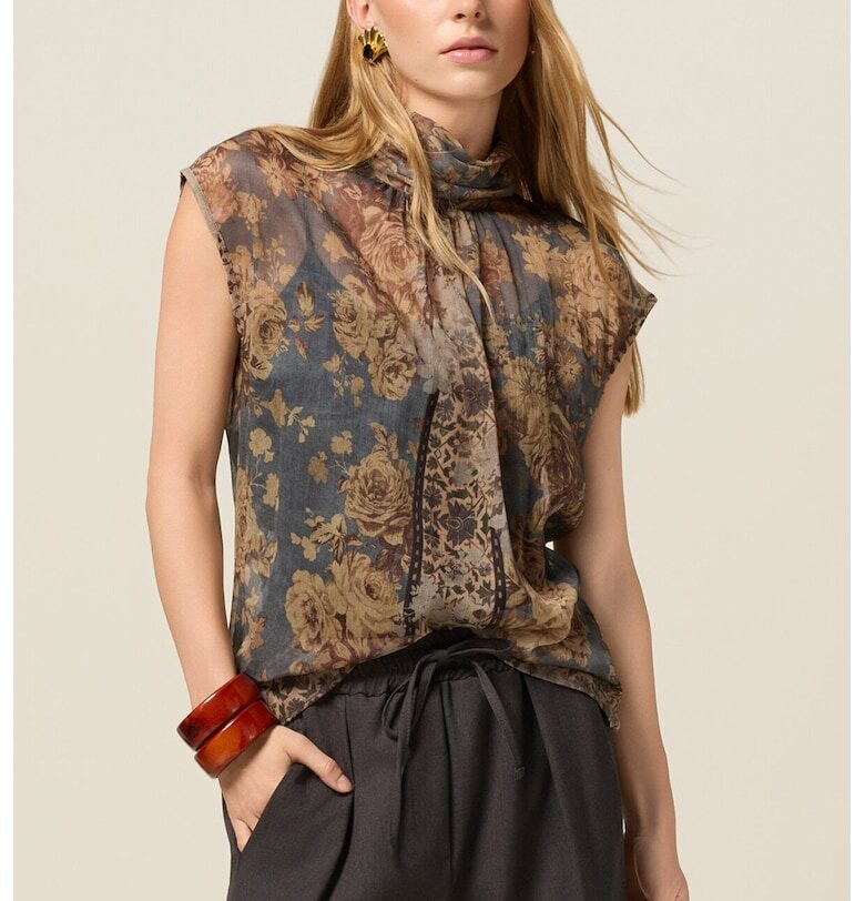 Полупрозрачна блуза без ръкави - Кафяв/Тъмносин Oltre