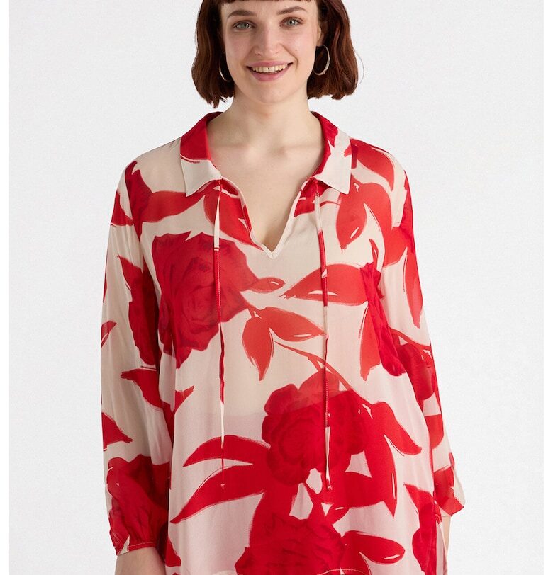 Полупрозрачна блуза с панделка-яка - Червен/Бежов Fiorella Rubino