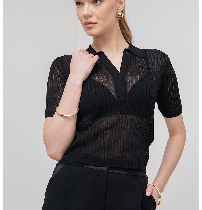 Полупрозрачна тениска Torbole с яка и рипс - Черен Marella