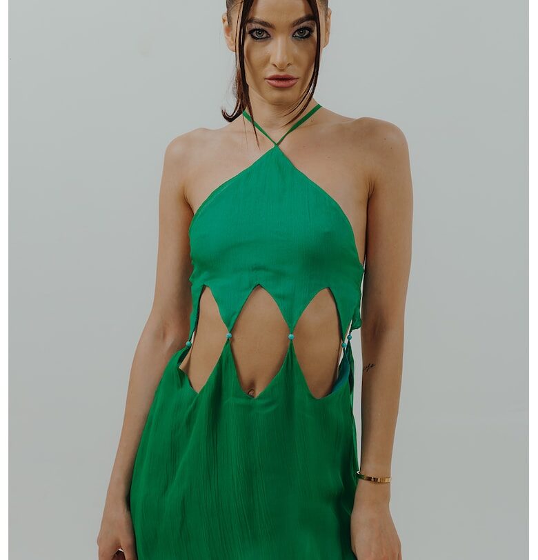 Права копринена рокля с отвори - Зелен UVIA