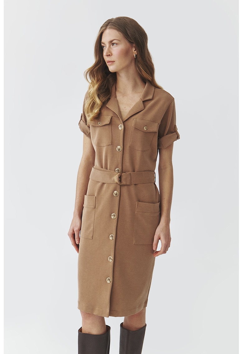 Права миди рокля с шпиц и джобове - Бежов Tatuum