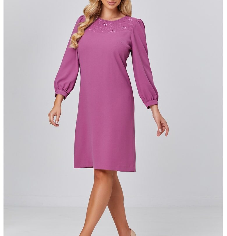 Права рокля с бродерии - Лилав BAROCCA