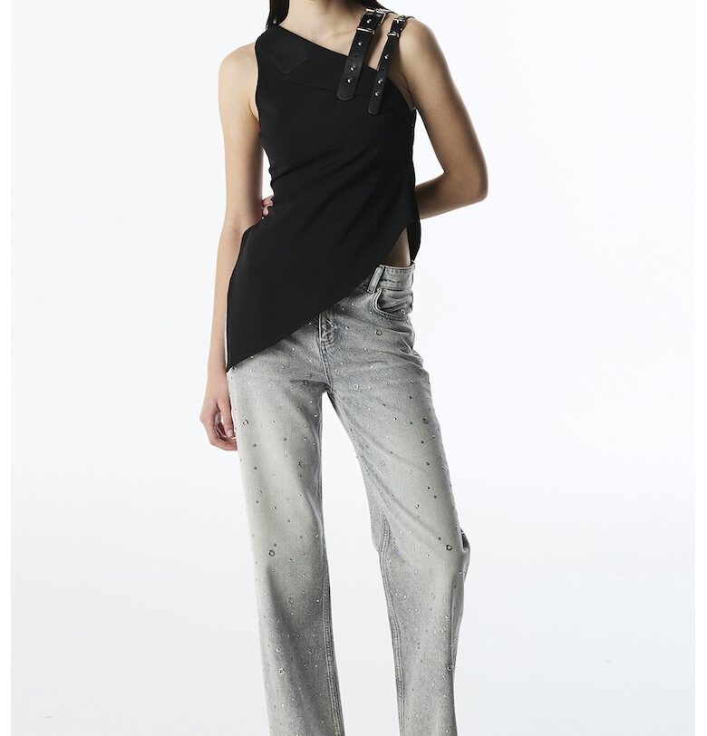 Прави дънки с декоративни камъни - Сив TWIST