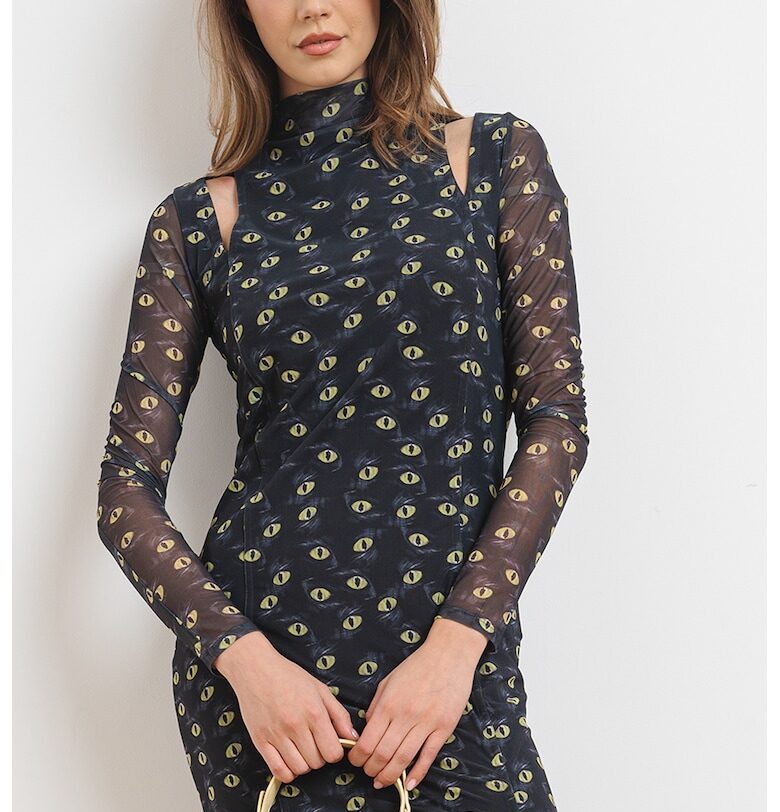 Прилепнала рокля Noslin с отвори и принт - Въглен сиво/Лайм зелено HUGO