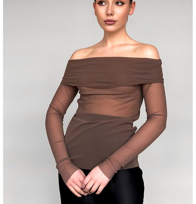 Прозрачна блуза с голо рамо - Сиво-кафяв concept A trois