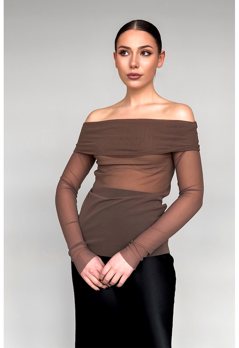 Прозрачна блуза с голо рамо - Сиво-кафяв concept A trois