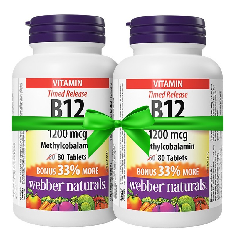 Промо пакет "Енергия" - 2х Витамин В12 (метилкобаламин) 1200 µg х 80 таблетки с удължено освобождаване Webber Naturals