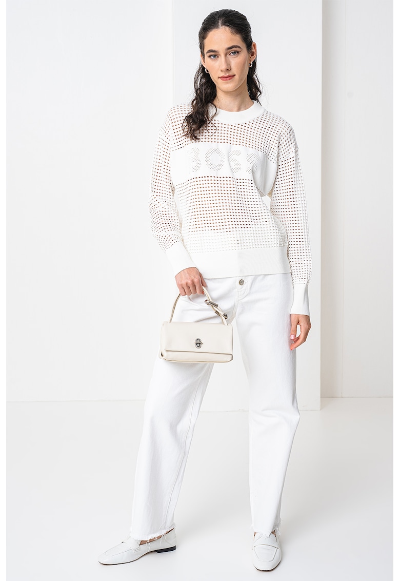 Пуловер Fhein с ажур и овално деколте - Бял BOSS