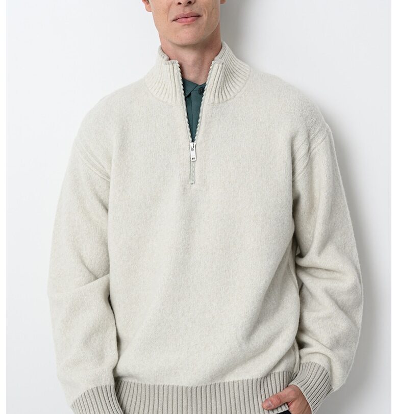 Пуловер Kobear с къс цип - Слонова кост BOSS