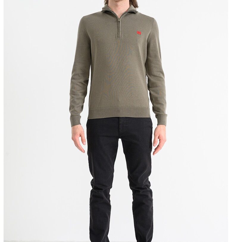 Пуловер San Quintus с къс цип - Зелени аспержи HUGO