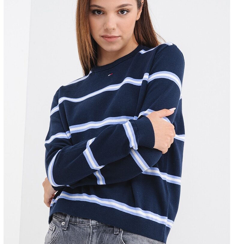 Пуловер от органичен памук с овално деколте - Бял/Лавандула/Тъмносин Tommy Jeans