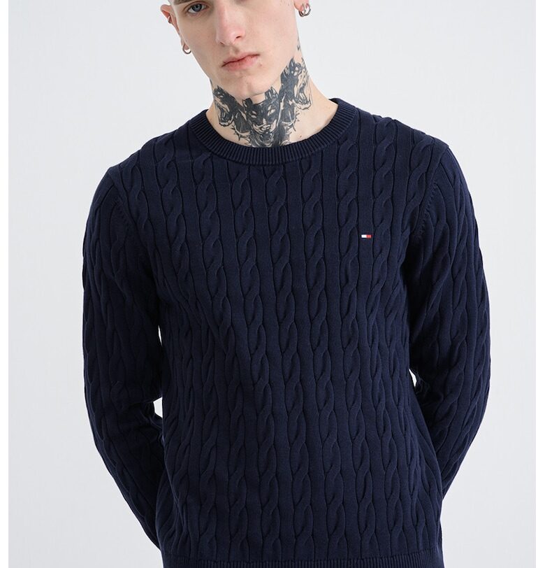 Пуловер от органичен памук с плетка осморка - Тъмносин Tommy Hilfiger