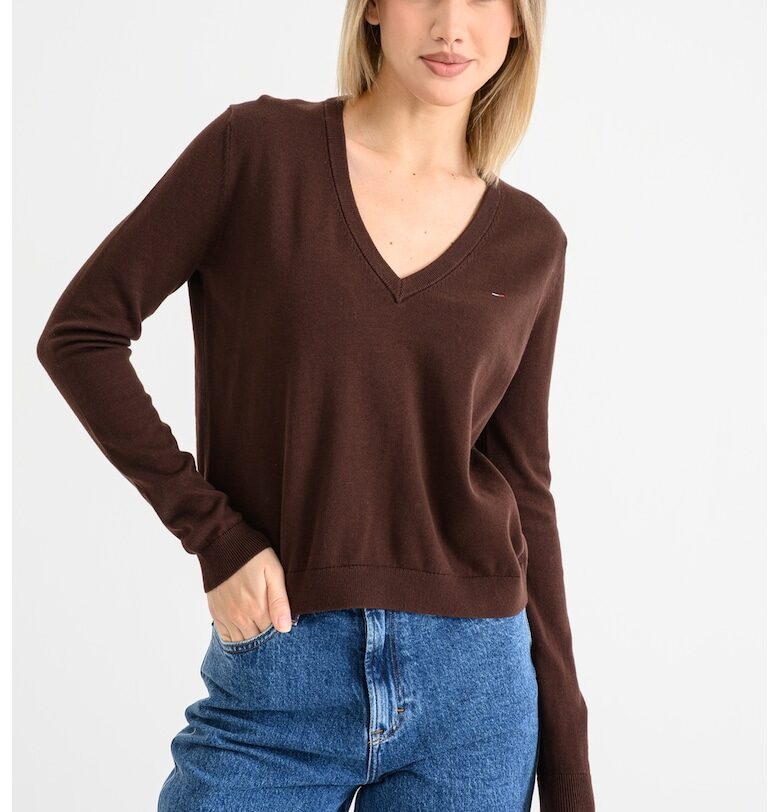 Пуловер от органичен памук с шпиц - Кафяв Tommy Jeans