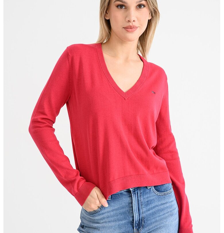 Пуловер от органичен памук с шпиц - Яркорозово Tommy Jeans