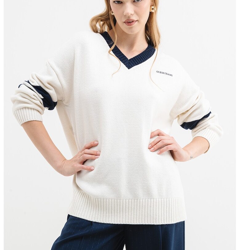 Пуловер с вълна - Бял/Тъмносин GUESS JEANS