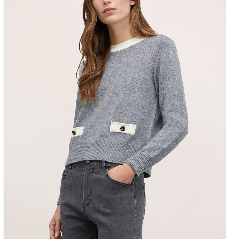 Пуловер с вълна и закопчаване отзад - Прашно синьо/Мръснобял Motivi