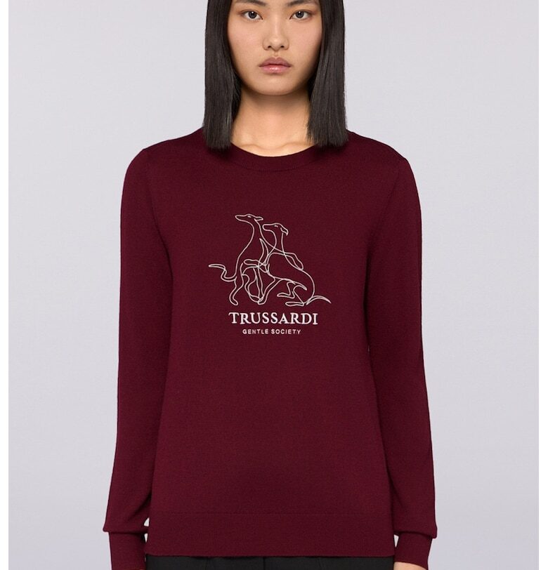 Пуловер с вълна с бродирано лого - Бордо Trussardi