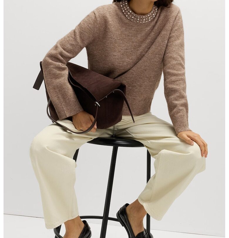 Пуловер с вълна с декоративни камъни - Бежов Marks  Spencer