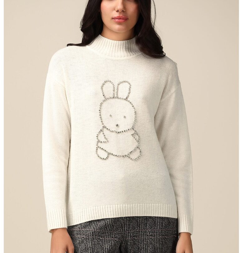 Пуловер с вълна с декоративни камъни - Крем/Сребрист Oltre