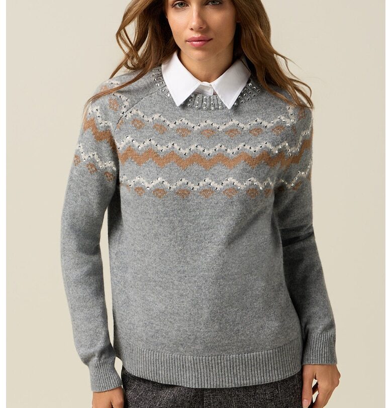 Пуловер с вълна с декоративни камъни - Светло сив Oltre