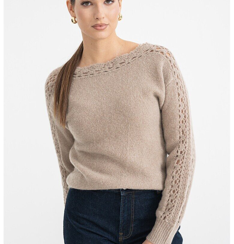 Пуловер с вълна с перфорации - Сиво-кафяв Stefanel