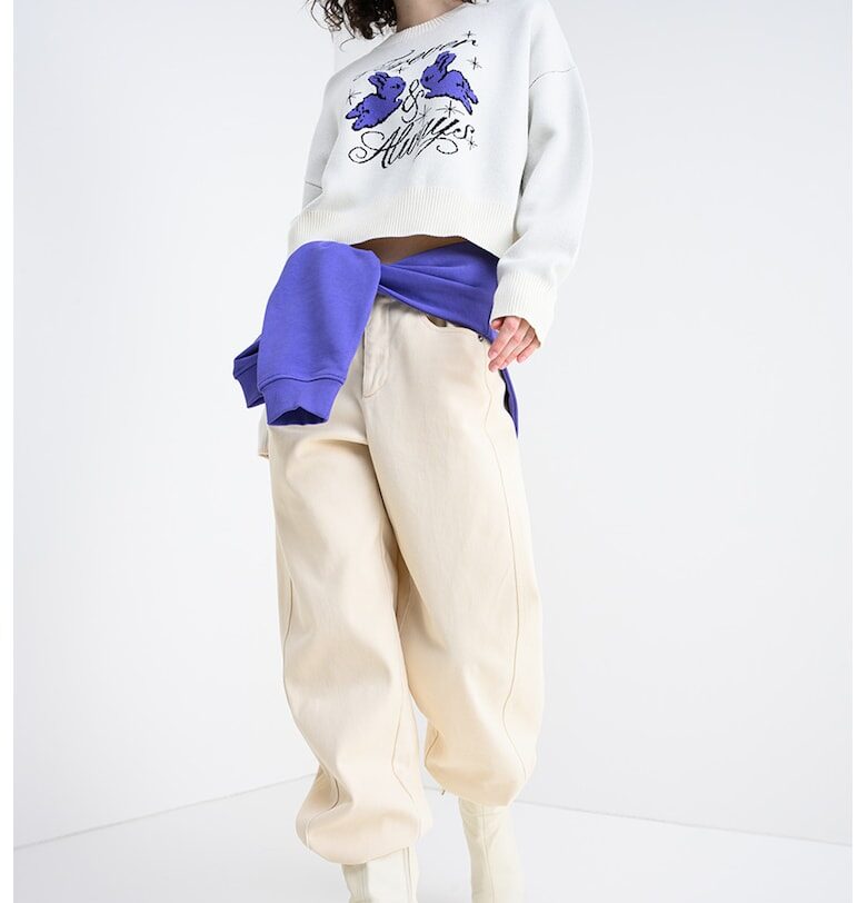 Пуловер с десен и паднали ръкави - Виолетов/Мръснобял HUGO