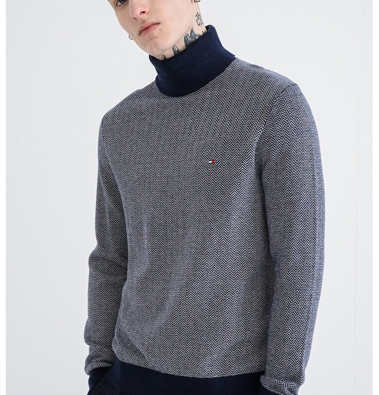 Пуловер с кашмир с рибена кост - Бял/Тъмносин Tommy Hilfiger