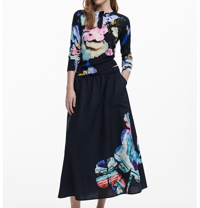 Пуловер с лен с флорален принт - Черен/Светлозелен/Син DESIGUAL