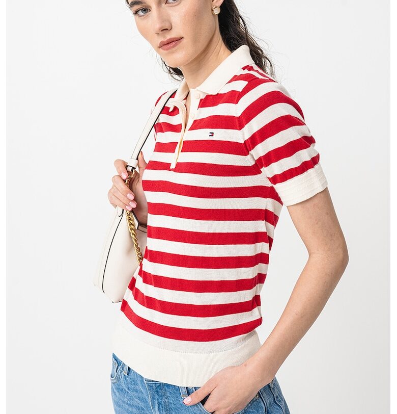 Пуловер с лиосел с къси ръкави и яка - Слонова кост/Аленочервен Tommy Hilfiger