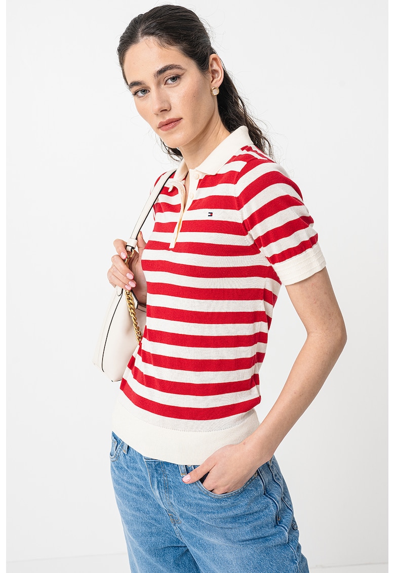 Пуловер с лиосел с къси ръкави и яка - Слонова кост/Аленочервен Tommy Hilfiger