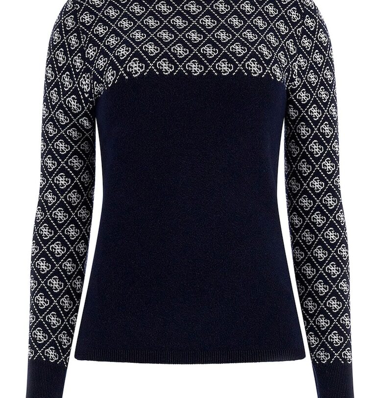 Пуловер с ниска яка и десенирани кантове - Тъмносин GUESS