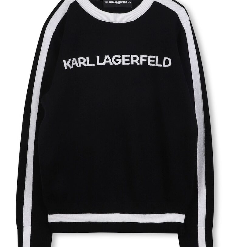 Пуловер с овално деколте и лого - Черен/Мръснобял KARL LAGERFELD KIDS
