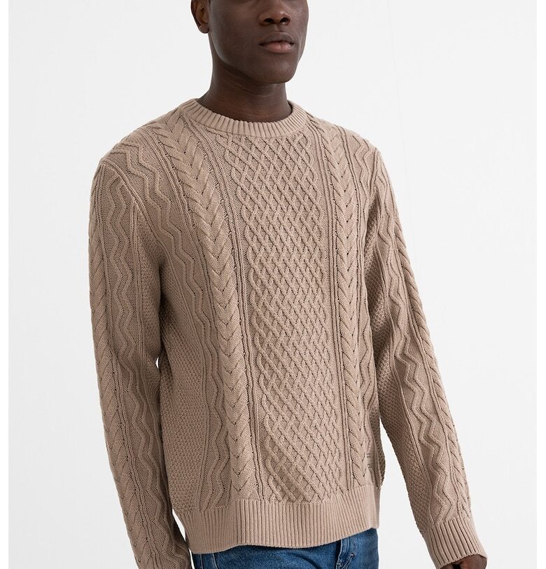 Пуловер с овално деколте и плетка осморка - Камел Tommy Jeans