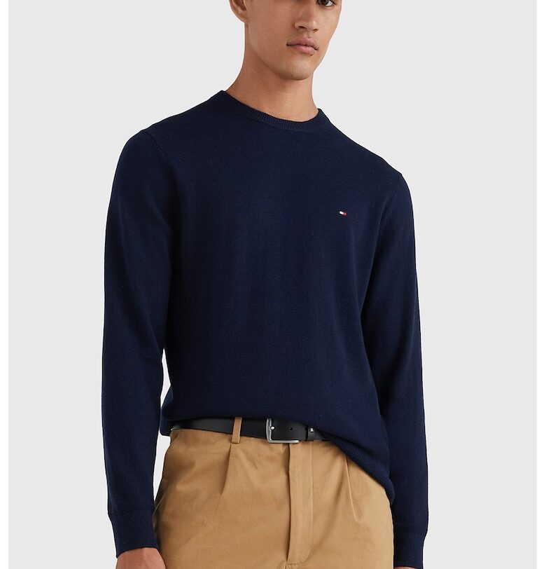 Пуловер с органичен памук и кашмир с овално деколте - Тъмносин Tommy Hilfiger