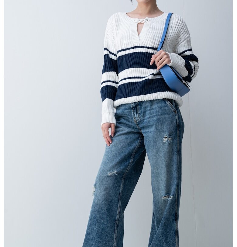 Пуловер с паднали ръкави - Бял/Тъмносин Liu Jo