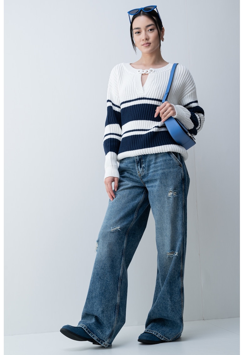 Пуловер с паднали ръкави - Бял/Тъмносин Liu Jo