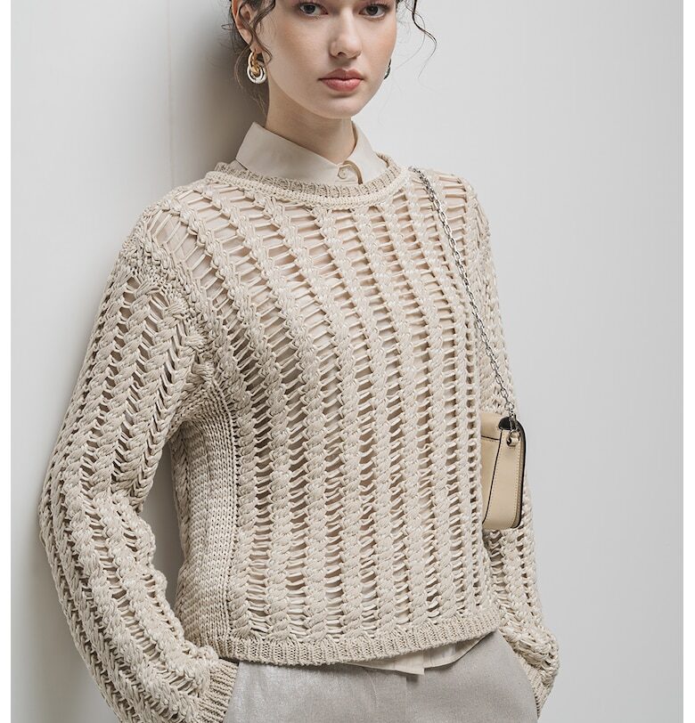 Пуловер с памук с ажур - Тъмнобежово Stefanel