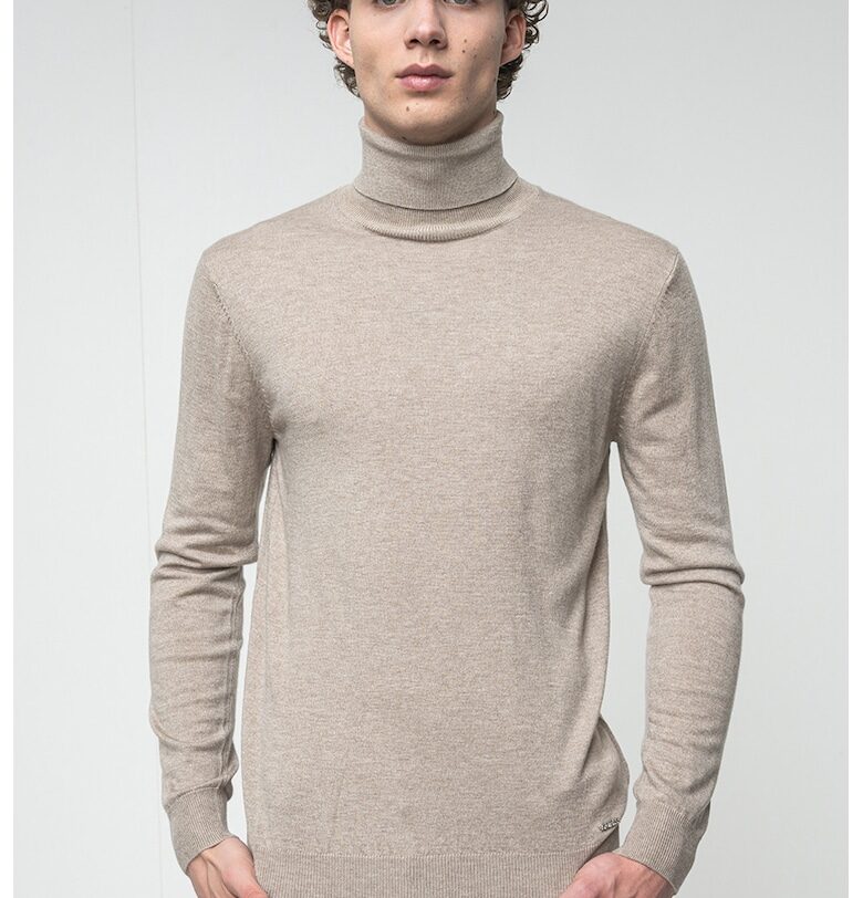 Пуловер с поло с вълна - Кафяв меланж GUESS