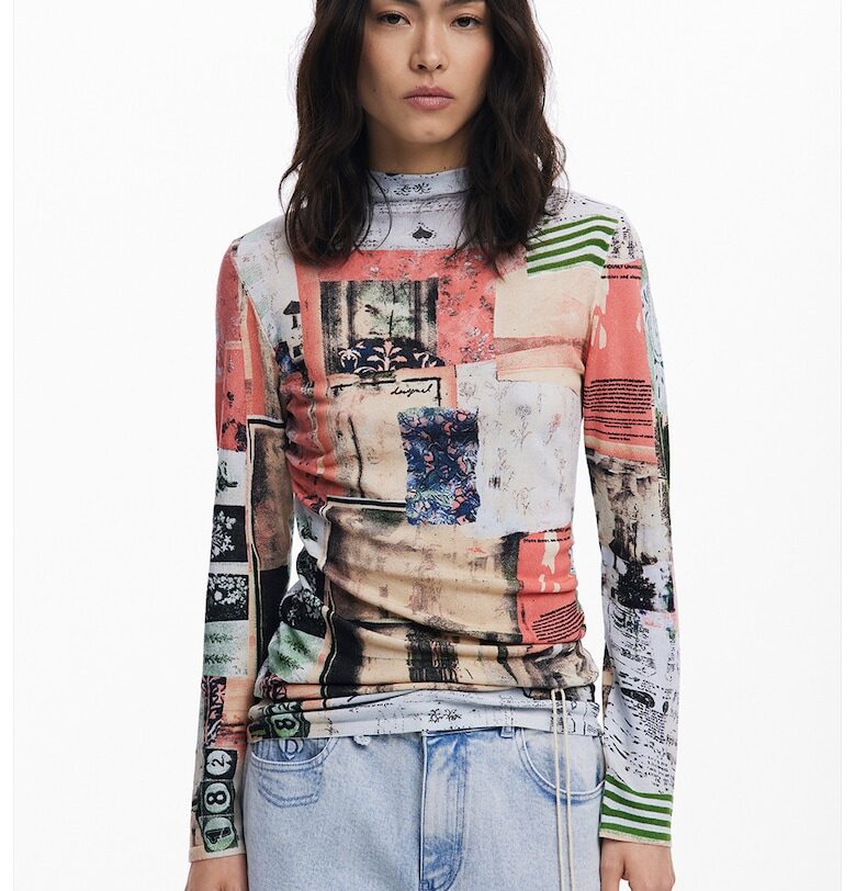 Пуловер с фигурален принт - Розова сьомга/Бежов/Мръснобял DESIGUAL