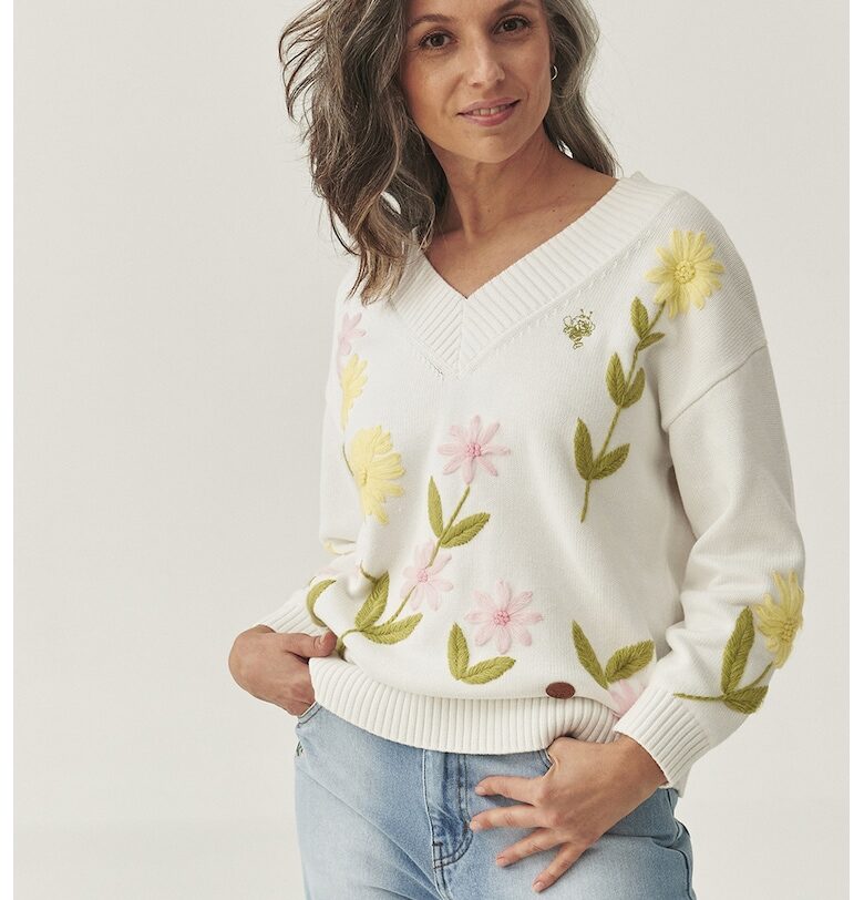 Пуловер с флорален принт - Бял/Жълт Tatuum