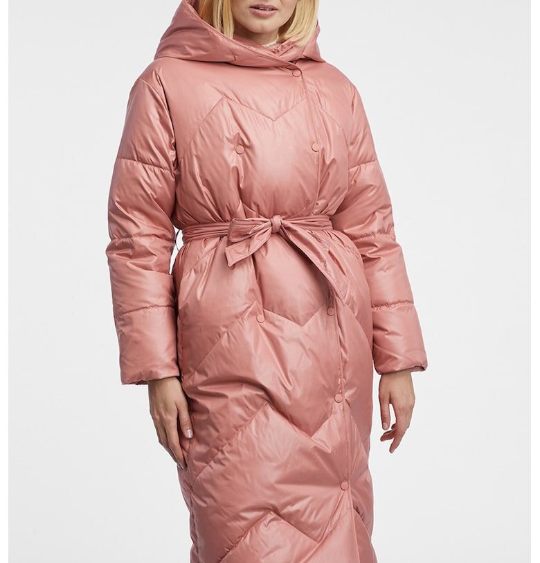 Пухено дълго яке с колан - Розова сьомга orsay